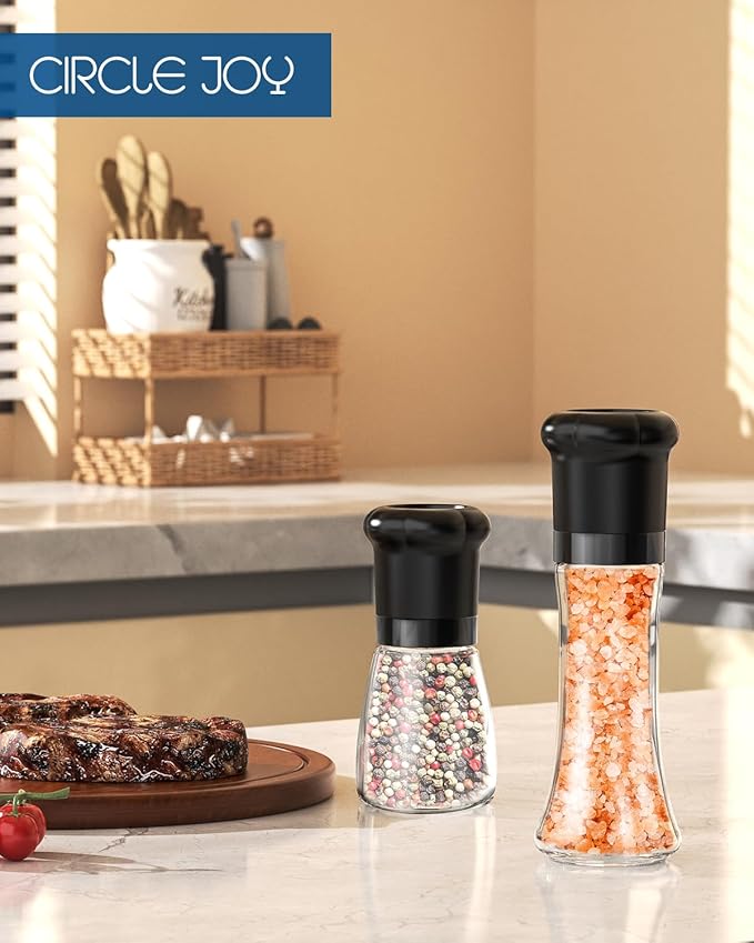 CIRCLE JOY Manual Pepper Grinder, Spice Mill for Professional Chef, Refillable Pepper Shakers with Ceramic Blades, Adjustable Coarseness and BPA-free 180ml Glass Container, Tall Black