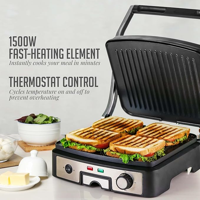 OVENTE Electric Panini Press Sandwich Maker, 1500W Indoor Grill with Non-Stick Coated Plates, Temperature Control & Removable Drip Tray, Opens 180 Degrees to Fit Any Type/Size of Food, Silver GP1861BR