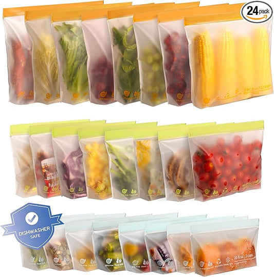 24 Pack Reusable Food Storage Bags,Leakproof Freezer Bags BPA Free Stand Up Sandwich Bags for Lunch Salad Fruit Travel,Dishwasher Safe(8 Gallon,8 Sandwich,8 Snack)