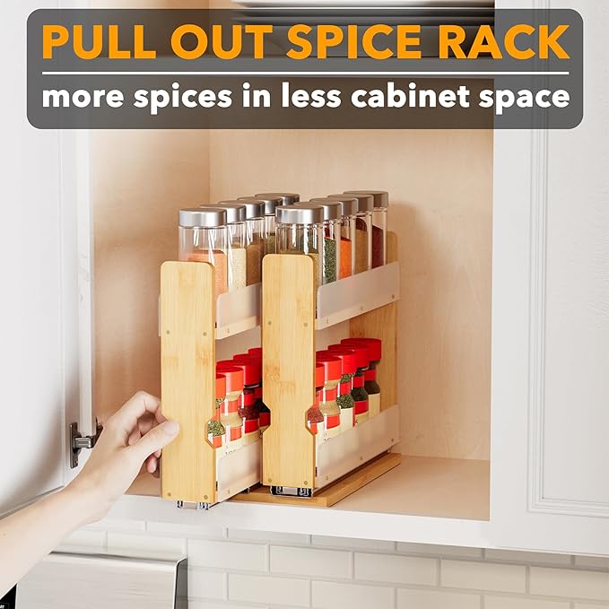 SpaceAid Bamboo Pull Out Spice Rack Organizer for Cabinet, Heavy Duty Slide Out Seasoning Kitchen Pantry Sliding Vertical Organization, 5.1" Wide, 2 Drawers(2" Wide), 2-Tier, Natural
