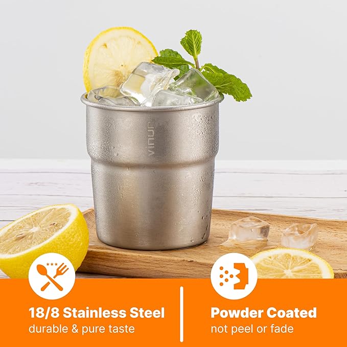VINUR 4 Pack Stainless Steel Cups 8 oz Pint Tumbler Stackable Metal Drinking Glasses for Travel, Camping, Outdoors (Silver)
