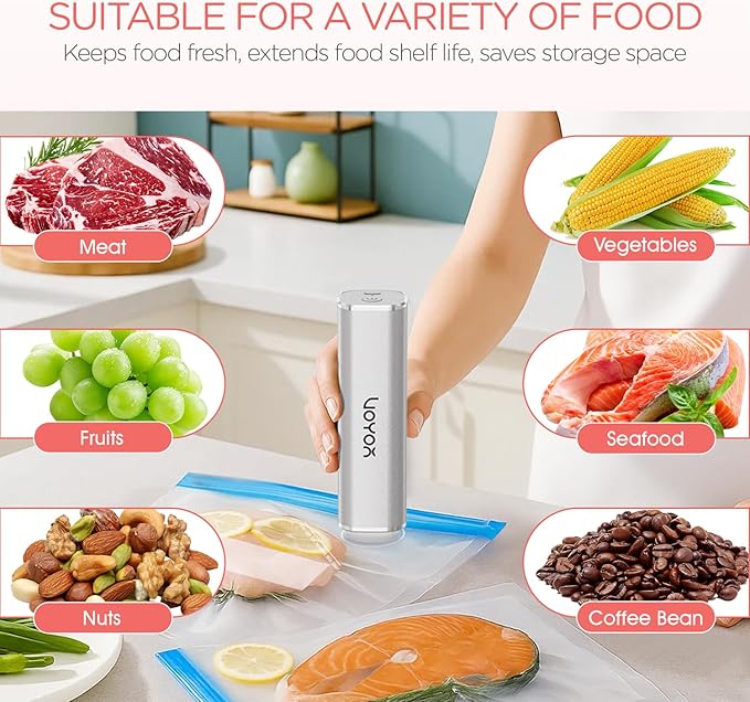 VOYOR Handheld Vacuum Sealer, Portable Vacuum Sealer Kit with Vacuum Bags Cordless Automatic Vacuum Pump for Food Preservation Type-C Charging and Long Lasting Food Vacuum (1 Pump+5 Bags)