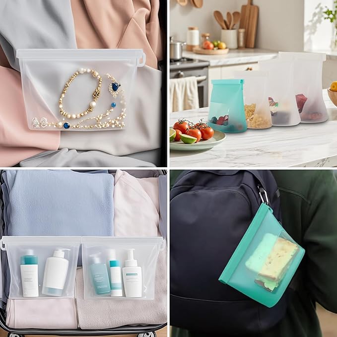 Reusable Silicone Food Storage Bags 4-Pack with 1 Sandwich, 1 Lunch, 1 Half-Gallon and 1 Gallon, Multi-Use & Sous Vide Stand-Up Container for Soup and Leftovers, Microwave, Dishwasher and Freezer Safe