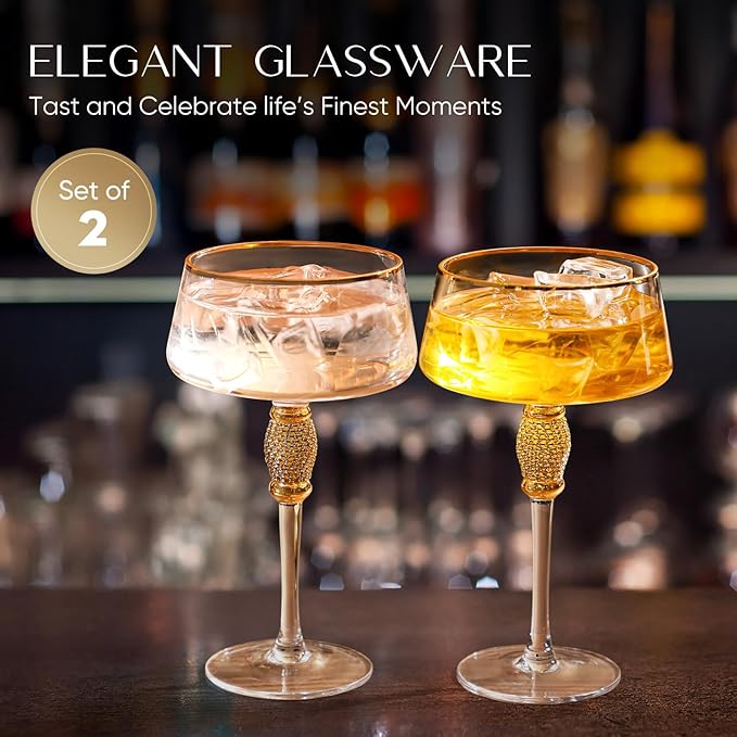 Gold Martini Glasses,Coupe Glass set of 2,Cocktail Glasses,Gold Rimmed&Rhinestones,Margarita Glass,Champagne Tower,Scocktail,Art Deco Glassware,Home Parties,9OZ.