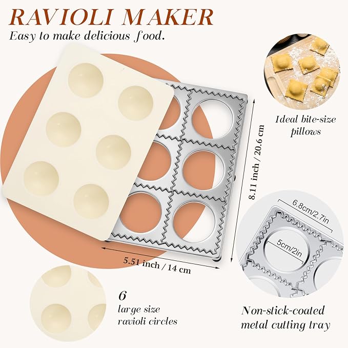 Geetery 5 Pcs Ravioli Mold Set 2.7 Inch Squares Ravioli Maker Cutter Include 1 Raviolis Maker Press 3 Pasta Cutter Stamp Makers 1 Wood Rolling Pin Pasta Making Tool for Home Kitchen Supplies (6 Holes)