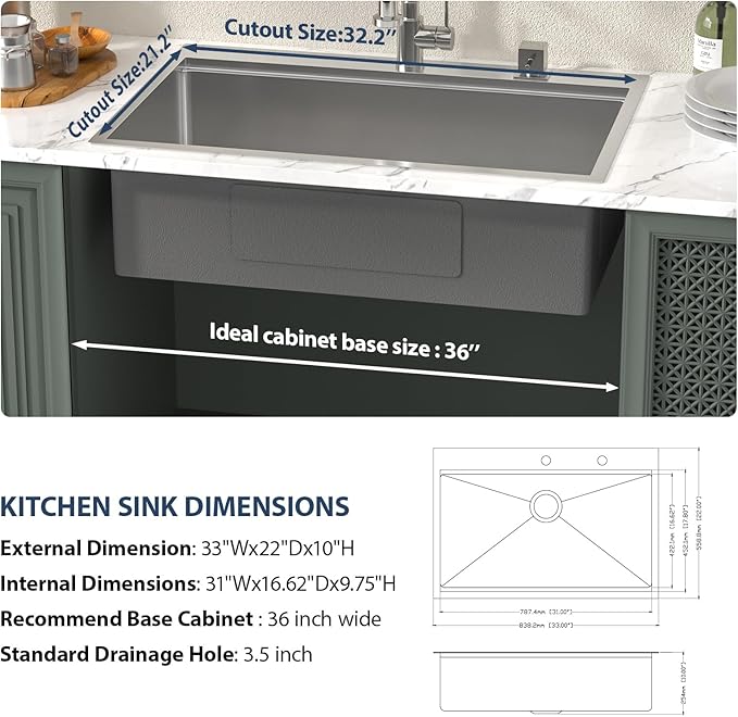 Lordear 33 Inch Drop In Kitchen Sink Workstation All In One SUS304 16 Gauge Stainless Steel 33x22 Drop In Sinks Single Bowl Handmade Above the Counter