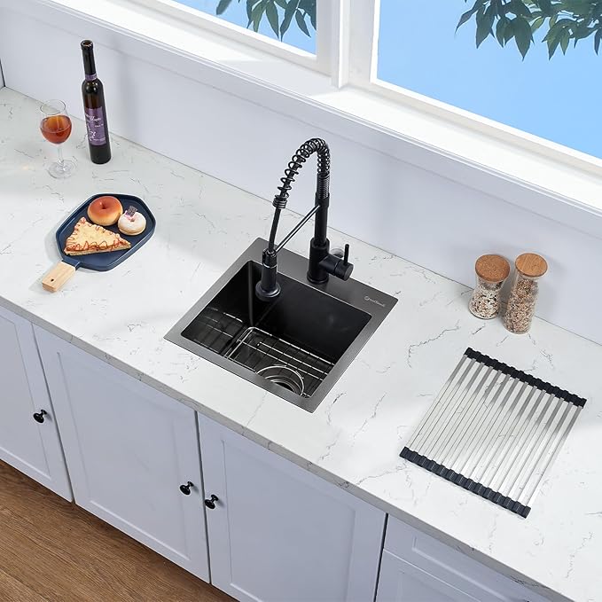 Drop In Kitchen Sink, 15 x 15 Inch Single Bowl Topmount Bar Prep Sink 16 Gauge T-304 Stainless Steel Gunmetal Black Kitchen Sinks