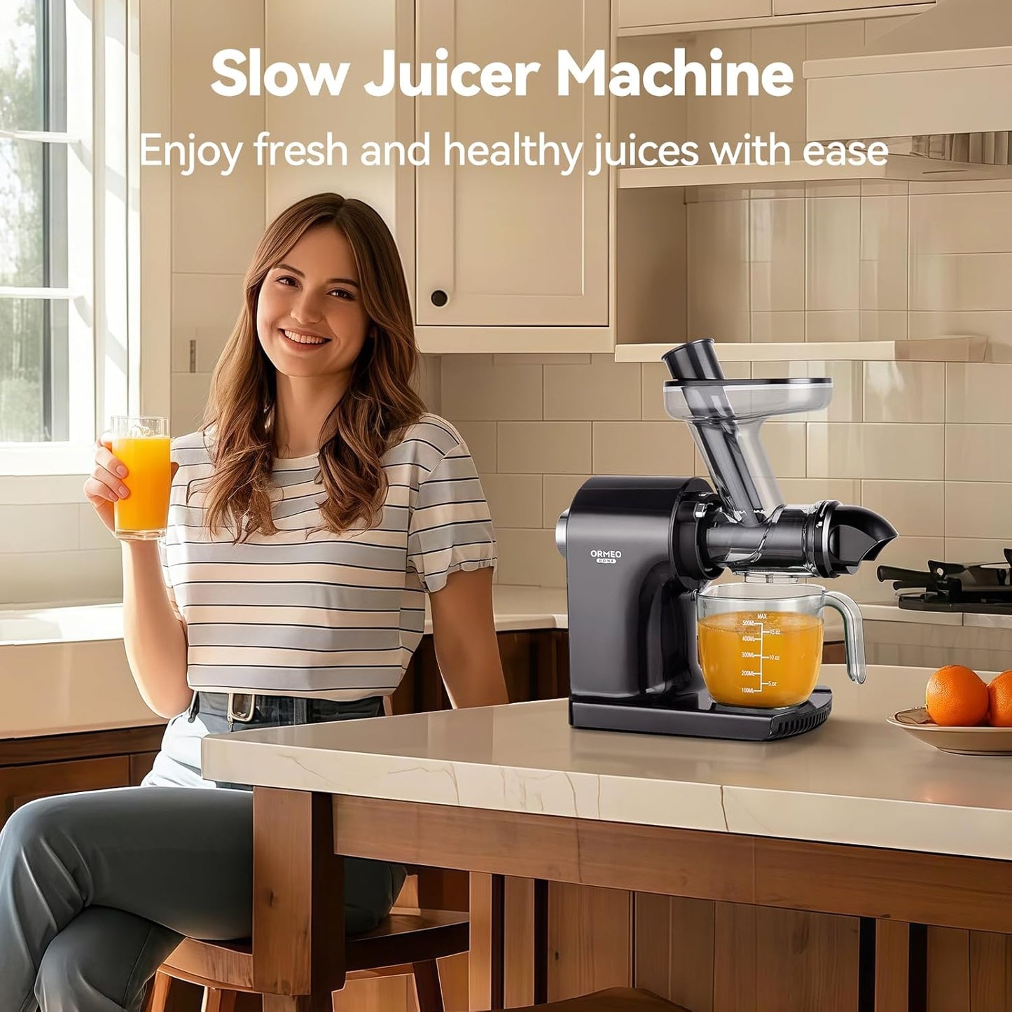 Juicer Machines,ORMEO HOME Cold Press Juicer with Single Knob Control,3.60"Large Feed Chute For Vegetable and Fruit,Masticating Juicers Easy to Clean,BPA-Free,High Juice Yield (Black)