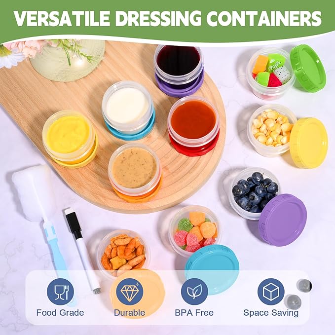 2 oz Small Plastic Containers with Lids, 6 Pack Salad Dressing Container, Reusable Condiment Containers Sauce Cups, with Pen and Brush, Freezer, Microwave & Dishwasher Safe