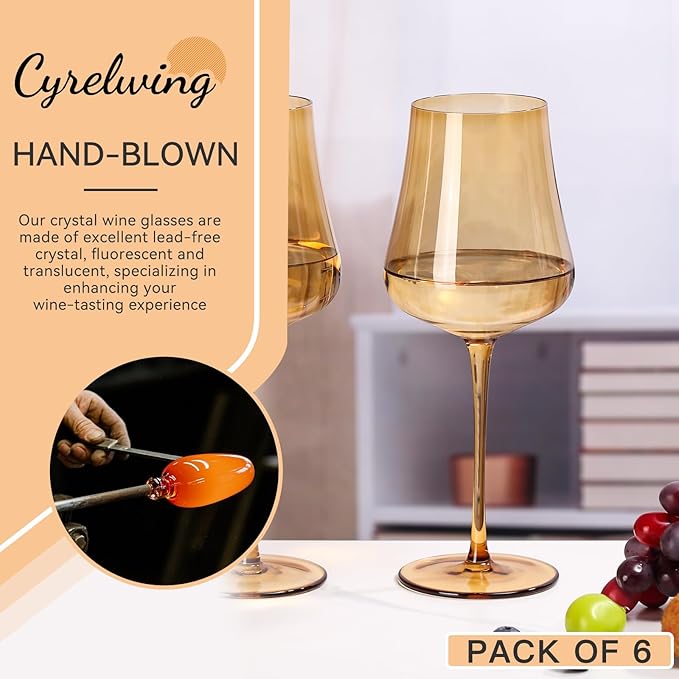 Amber Wine Glasses Set of 6-18oz Hand Blown Colorful Wine Glasses Unique Gift for Birthday,Wedding, housewarming