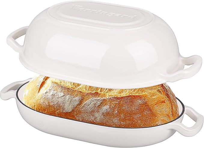 Enameled Cast Iron Sourdough Bread Oven, Dutch Oven, Loaf Cast Iron Bread Pan for Homemade Bread Baking, Meatloaf Pan with Lid, 7QT, White