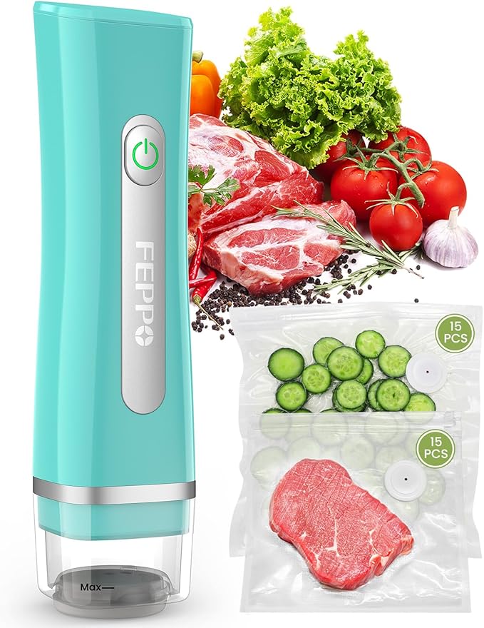 FEPPO Vacuum Sealer for Food with Visible Water Tank, Handheld Saver Compact Vacuum Sealer Machine with 30 Reusable Bags for 6X Preservation & Fresh, Teal