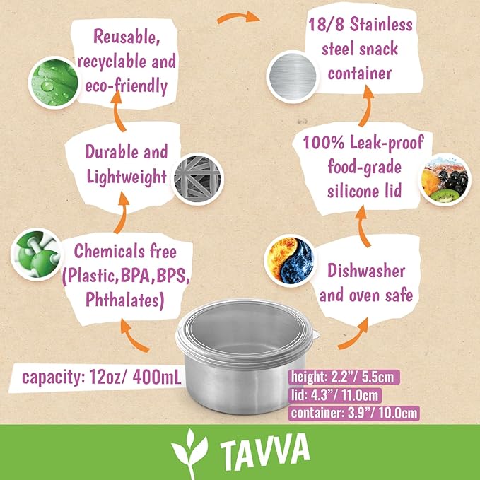 TAVVA 2 X 12oz Stainless Steel Containers with Lids - Leakproof w/Silicone Lids - BPA Free - Dishwasher & Freezer Safe - Portable & Reusable - Stainless Steel Storage Food Snack Containers
