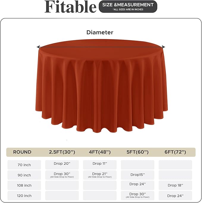 Fitable 8 Pack Round Tablecloths: Stain Resistant Wrinkle Free Fall Table Clothes, Washable Reusable Polyester Table Covers for Wedding Thanksgiving Party Birthday Banquet Reception(Rust, 120 Inch)