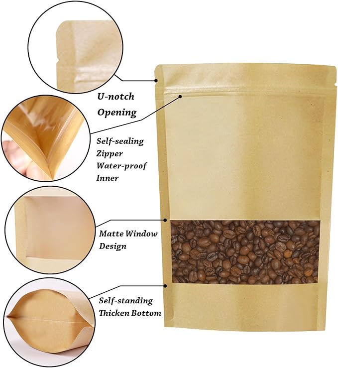 100 PCS Resealable Bags, Stand Up Kraft Paper Bags with Matte Window, Zipper Lock Food Storage Bags for Small Business and Home, 3.93 * 5.9 Inch Reusable Sealable Bags for Packaging