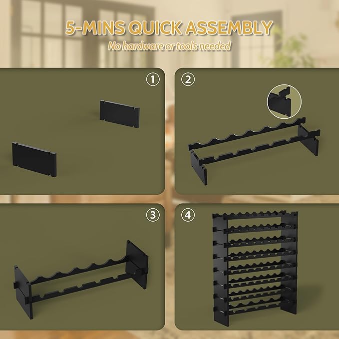 Wine Rack Freestanding Floor, Bamboo 8-Tier 69 Wine Bottle Holder Racks Countertop Cabinet Display, Wooden Stackable Modular Wine Storage Organizer Shelves for Kitchen Bar Cellar Dining Room Black