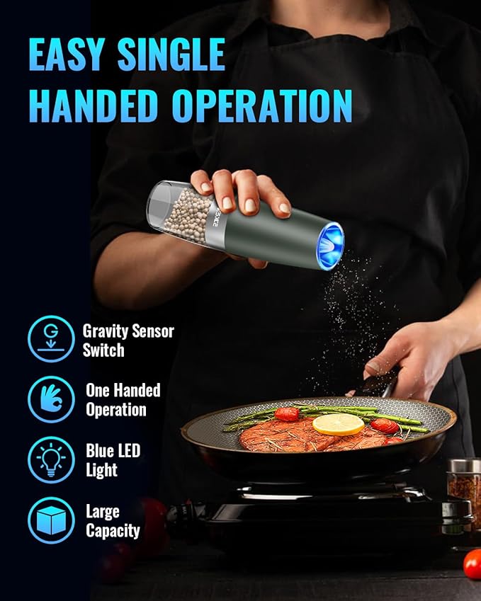 XinXu Gravity Electric Pepper Grinder, Salt or Pepper Mill & Adjustable Coarseness, with LED Light, One Hand Automatic Operation -Set/DarkGreen