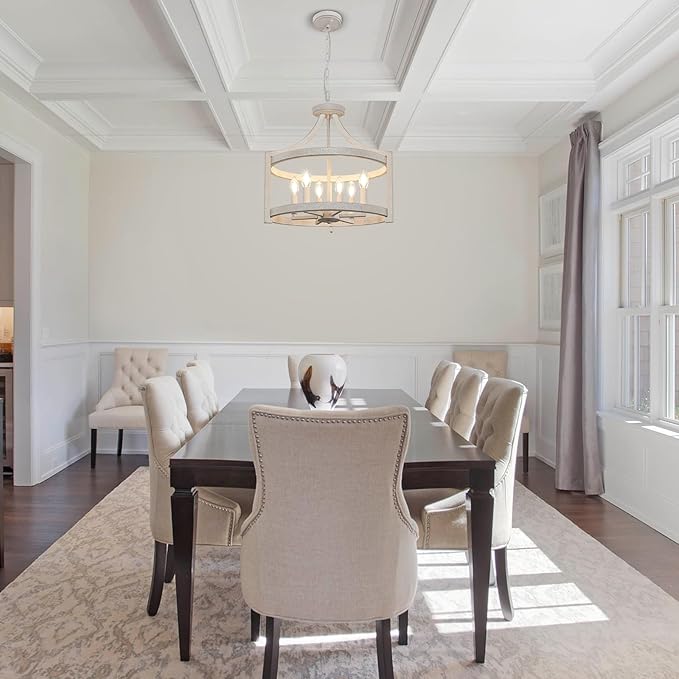 6-Light Farmhouse Chandelier, Distressed Hanging Pendant Lighting, Convertible Semi Flush Mount Ceiling Light Fixture Vintage White Metal Chandeliers for Dining Room Kitchen Foyer Entryway