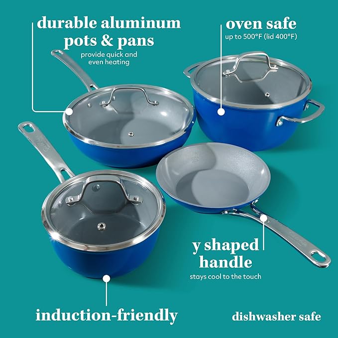 Sur La Table Kitchen Essentials 10 Piece PFA Free Titanium Ceramic Nonstick Interior Forged Aluminum Cookware Pots and Pans Set - Blue - Induction Compatible