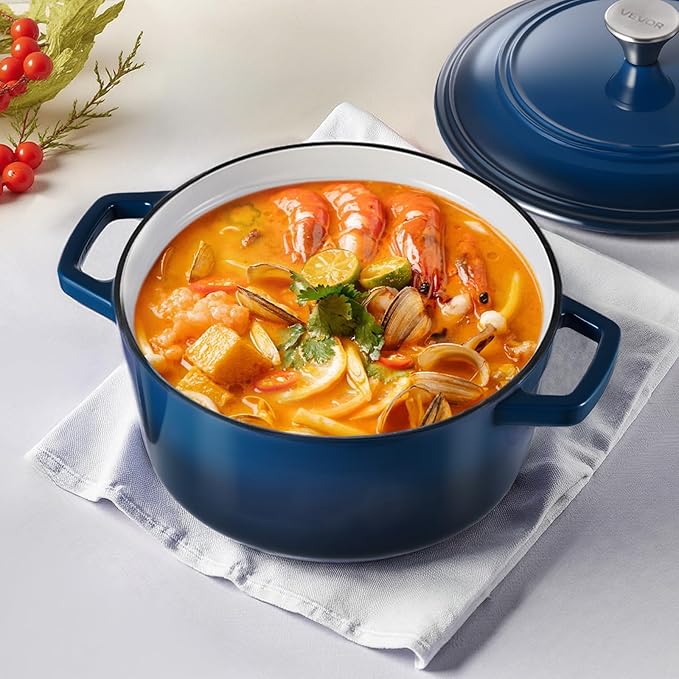 VEVOR Enameled Cast Iron Dutch Oven, 6 Quart Pot with Lid and Dual Handles, Heavy-Duty Durable Cookware Pan, Oven Induction Compatible up to 500℉, for Braising, Stews, Roasting, Bread Baking, Blue