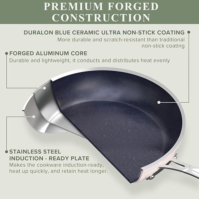 Nuwave Healthy Duralon Blue Ceramic Nonstick Cookware Set, Diamond Infused Scratch-Resistant, PFAS Free, Dishwasher & Oven Safe, Induction Ready & Evenly Heats, Tempered Glass Lids & Stay-Cool Handles