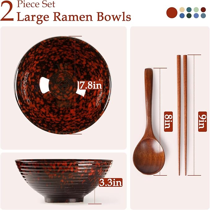 NUTRIUPS 8 Inch Ceramic Ramen Bowl Set of 2 Pho Bowls 40oz Japanese Noodle Udon Soup Bowls with Spoons and Chopsticks (Lava Burst Red)