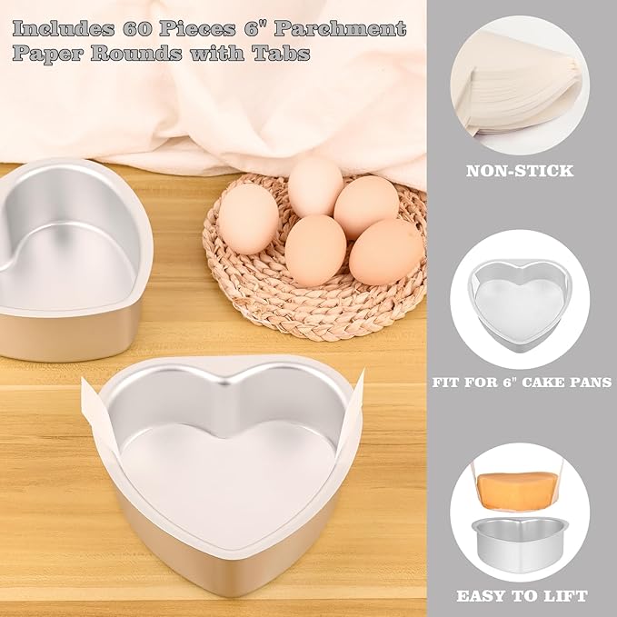 HUAKENER 6 Inch Heart Cake Pan, Set of 2 Heart Shaped Cake Pans with 60 Pieces Parchment Paper, Non-stick Cake Baking Pans for Kitchen Birthday Wedding