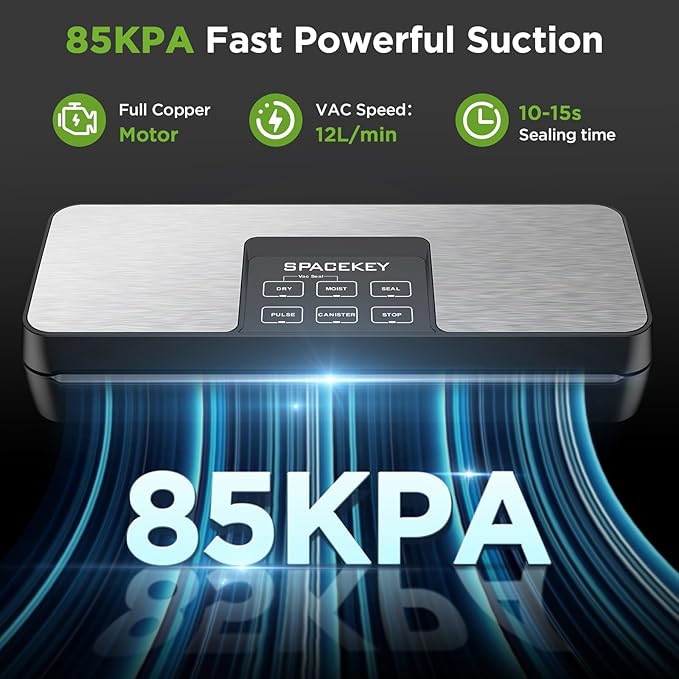 SPACEKEY Vacuum Sealer Machine, 85Kpa Food Vacuum Machine, Food Vacuum Sealer with Bag Roll Storage Space, Dry&Moist Modes, Pulse Function, Built in Cutter, Bag Roll included, Silver