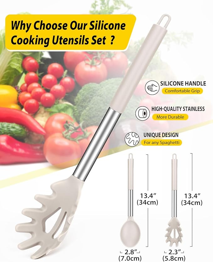 Silicone Pasta Fork and Cooking Spoon Set, Non Stick Kitchen Utensils for Cooking,Stirring,Serving Spaghetti, Soup, Sauce (KHAKI)