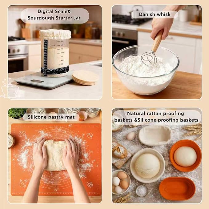 Super All-Inclusive Sourdough Starter Kit with Pot,Sourdough Bread Baking Supplies,4 Banneton Bread Proofing Baskets,Dutch Oven for Baking，Scale,34OZ Sourdough Starter Jar, Bread Making Tools Kit