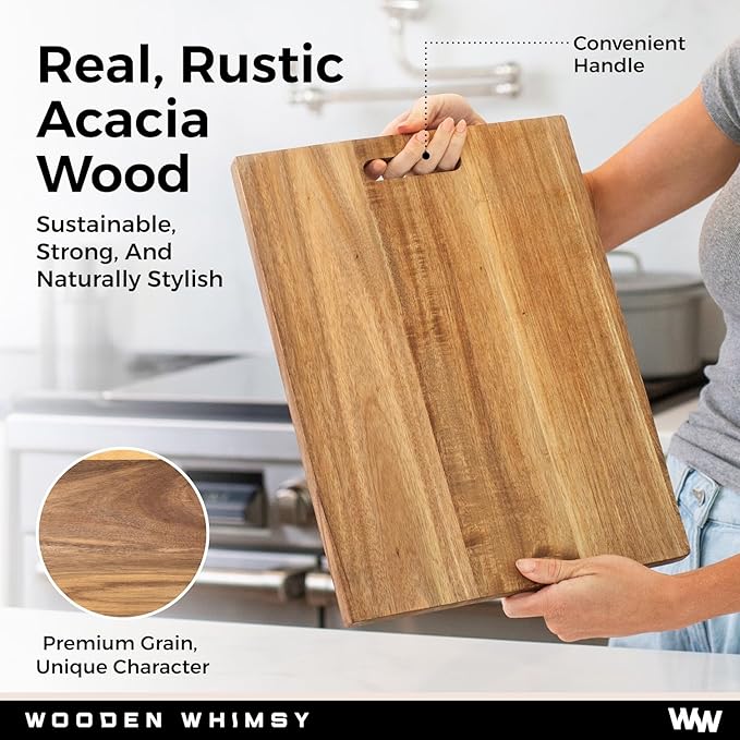 Modern Acacia Cutting Board Set with Holder and Oil Applicator- 3-Piece Wooden Kitchen Butcher Block - Solid Wood Chopping Blocks for Food Prepping, Charcuterie, and Cheeseboards