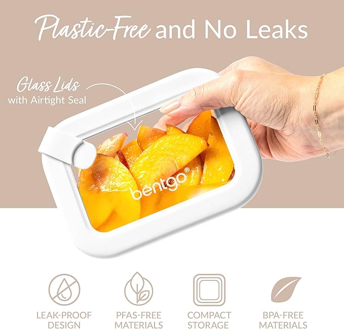 Bentgo Signature Leak-Proof Glass Food Storage - 8-Piece Set, 1-Compartment Plastic-Free Containers with Airtight Glass Lids, BPA-Free, Microwave, Freezer, Oven & Dishwasher Safe (White Stone)