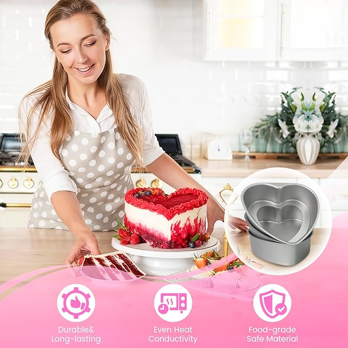 3-Pack 8-Inch Heart Shaped Cake Pans, Durable Anodized Aluminum Pans with Removable Bottom, Ideal for Baking, DIY Projects, Birthdays & Weddings, Heart Pans Chiffon Cake Mold for Oven Baking