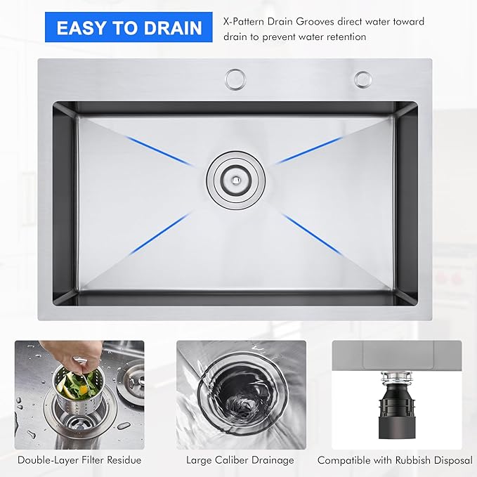 27 Inch Drop in Kitchen Sink, MENATT 27" x 18" Stainless Steel Single Bowl Topmount Workstation Sink with 2 Faucet Holes, Brushed Nickel