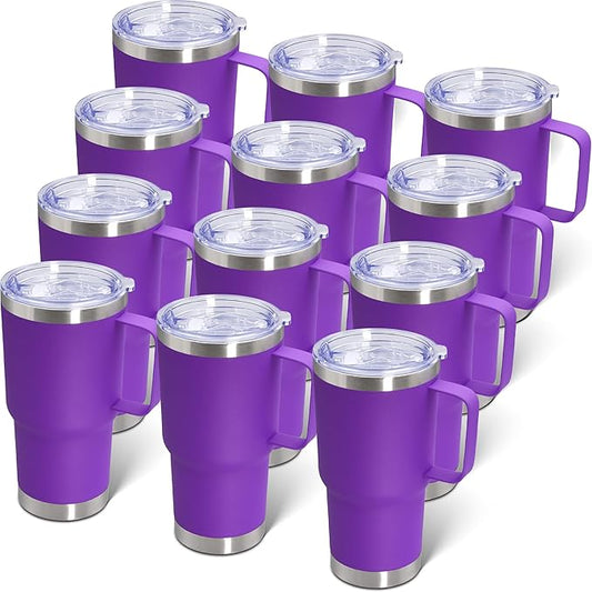 20 oz Tumbler with Handle and Lid, Stainless Steel Tumbler Insulated Travel Coffee Mug, Spill Proof Double Wall Vacuum Tumbler Cup Keep Drink Hot & Cold, Purple, 12 Pack