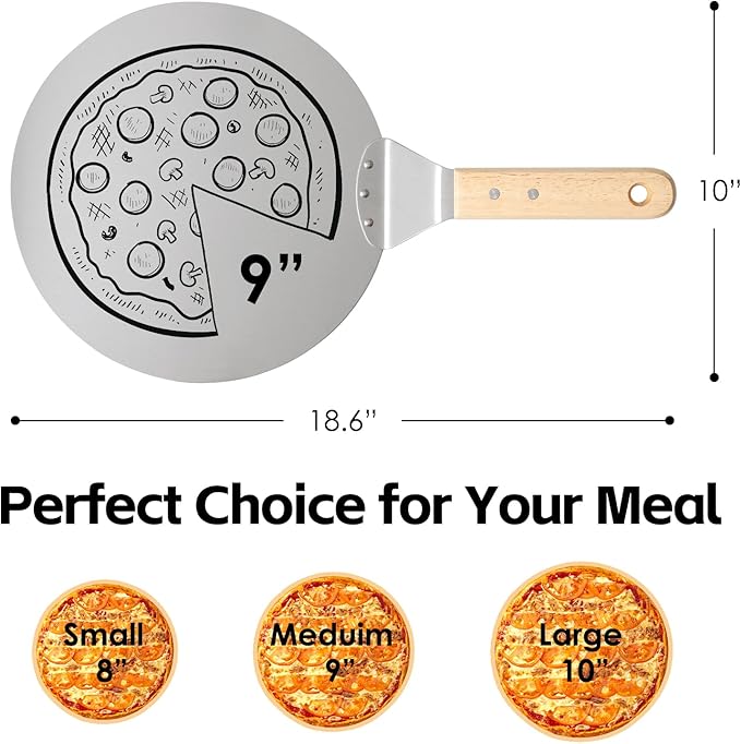 vzaahu Pizza Peel 10 inch, Aluminum Round Spatula, Small Medium Size with 8.6 inch Wooden Handle, Pie Making Light-weighted Tool for Homemade Bread, 2-3 family size