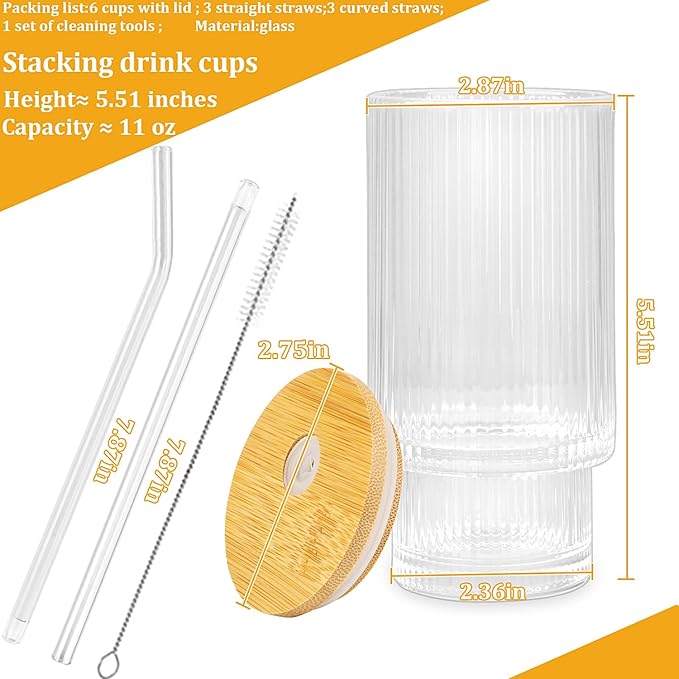 8 Pcs 11oz Ribbed Glass Cups With Bamboo Lids, Stackable, Vintage, Suitable for Coffee, Juice, Cocktails, Beer