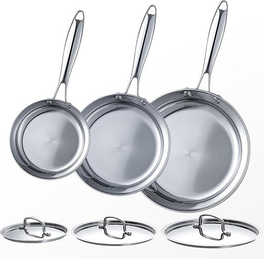 Stainless Steel Frying Pan Sets 6 Piece 8, 10 & 12 Inch with Lids, Oven & Dishwasher Safe Fast and Even Heating Stay Cool Handles Non-toxic PFOA Free Stir Fry Pan Skillets Sets