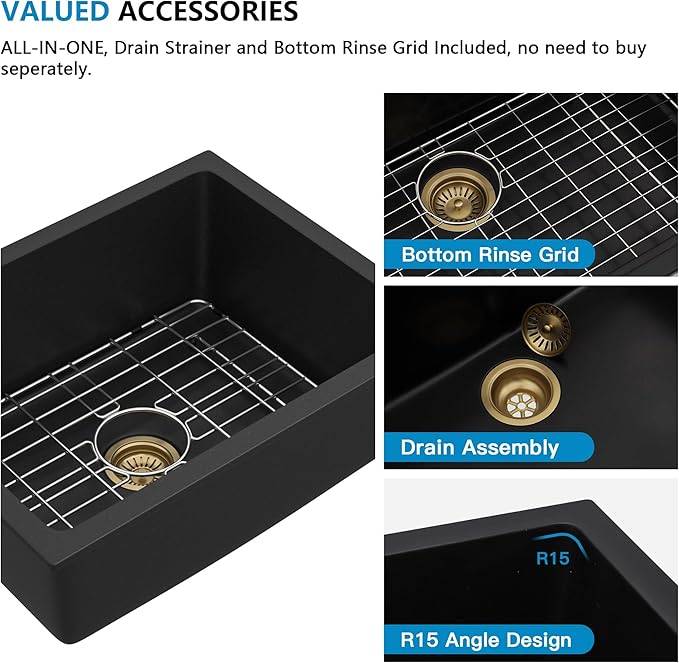 22"x17" Undermount Wet Bar Sink - Matte Black Granite Composite Quartz Classic Single Bowl Under Counter Small Kitchen Bar Prep RV Sink Basin