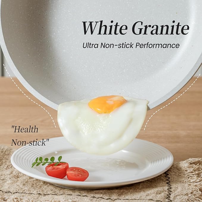 Pots and Pans Set, White Nonstick Induction Cookware Sets with Stay-Cool Handles, Kitchen Pan Sets for Cooking with Saucepan & Frying Pans & Crepe Pan, PFOS and PFOA Free