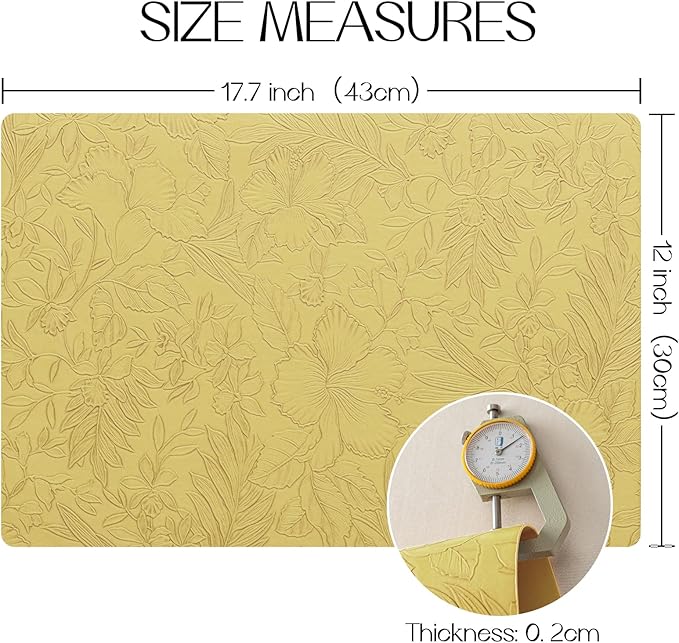 Romanstile Vinyl Placemats Set of 8-12 X 18 Inch - Heat Resistant Non-Slip Embossed Floral Place Mats 100% Waterproof Oilproof Wipeable Faux Leather Table Mats for Kitchen/Dining/Party, Yellow