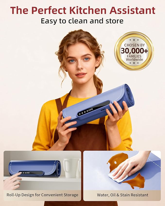 Warming Mat for Food, Upgraded Fast-Heating Electric Warming Tray with 7 Temp Levels & 8 Timers, Buffet Raised Feet & Rollable Silicone Heat Pad, Portable Food Warmer for Home, Party & Travel (Blue)