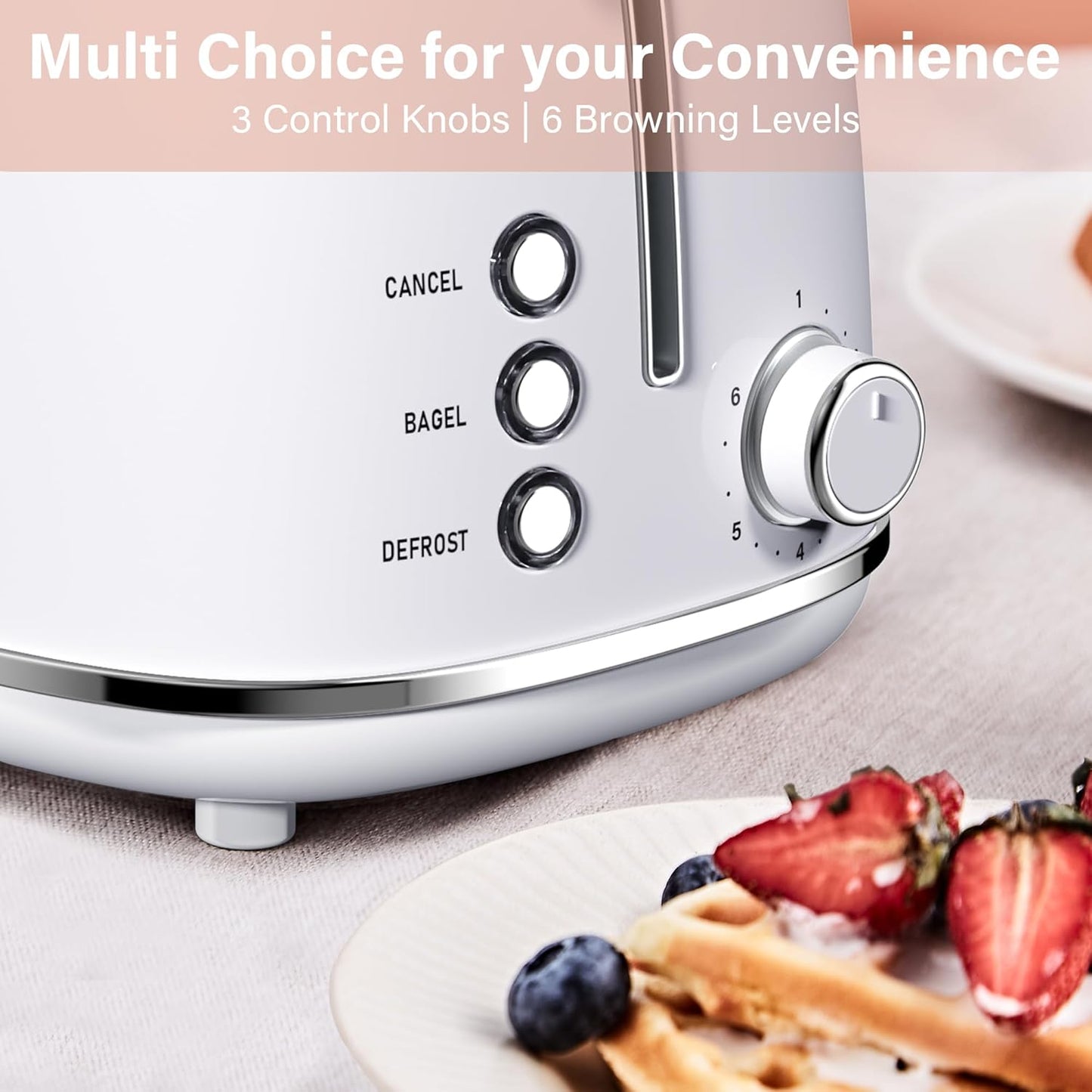 2 Slice Toaster Retro Stainless Steel with Bagel, Cancel, and Defrost Functions, 6 Bread Shade Settings, Extra Wide Slots and Removable Crumb Tray, White