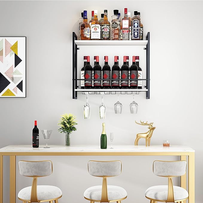 Dokser Wine Rack Wall Mounted 2 Tier Shelf, Wall Wine Rack with Rustic Wood & Industrial Iron Frame, Wine Bottle Holder for Kitchen, Dining Room, Home Bar Decor (White)