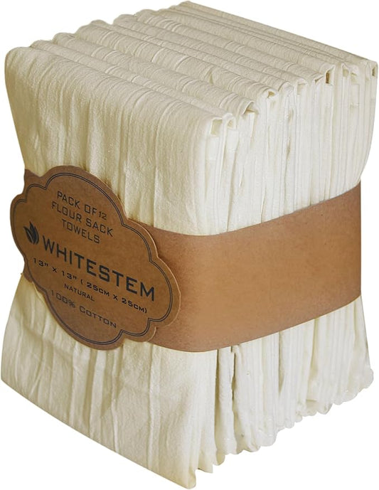 Dish Cloths Cotton| Dish Towels Absorbent and Lint Free Flour Sack| Dishcloths for Kitchen Washing Dishes| Fast Drying Dish Rags| 12 Pack 13 inch x 13 Inch Natural