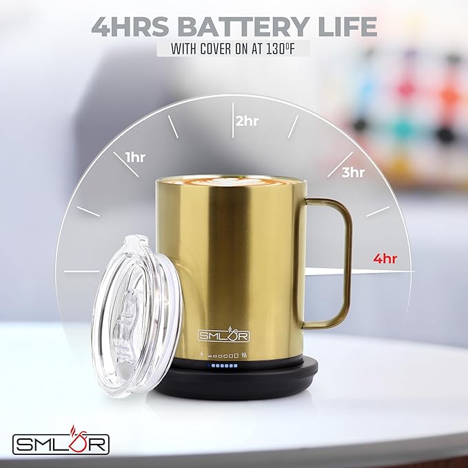 SMLDR Pro Heated Mug, 14 oz Smart Mug, Self-Heating, Adjustable Temperature, Battery Powered, Great for Coffee & Tea, Excellent Gift (Gold)
