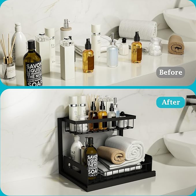 REALINN Under Sink Organizer, Pull Out Cabinet Storage 2 Tier Slide Out Sink Shelf, Kitchen Organizers and Storage, Black, 1 Pack