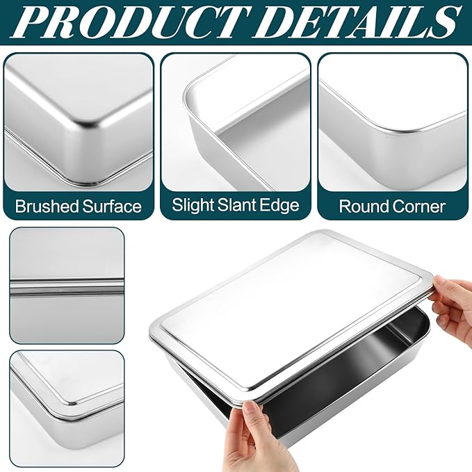 Tioncy 3 Sets Stainless Steel Cake Pan with Lid 17/13/11 Inch Rectangle Sheet Baking Pan with Covers Bakeware with Lids for Cakes Breads Casseroles Fish Vegetables and More