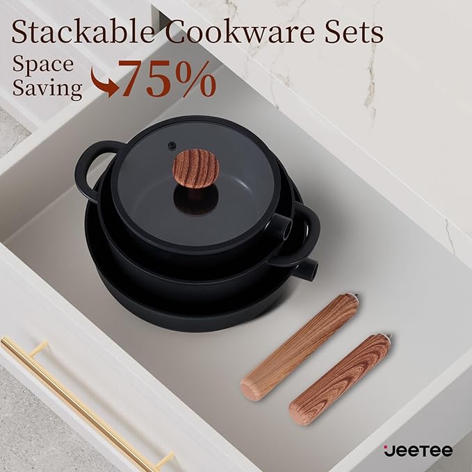 JEETEE Ceramic Cookware Set, 15 PCS Pots and Pans Set Non Stick with Removable Handles, Non Toxic Induction Kitchen Cookware Sets, Dishwasher/Oven Safe PFAS/PTFE/PFOA Free Black