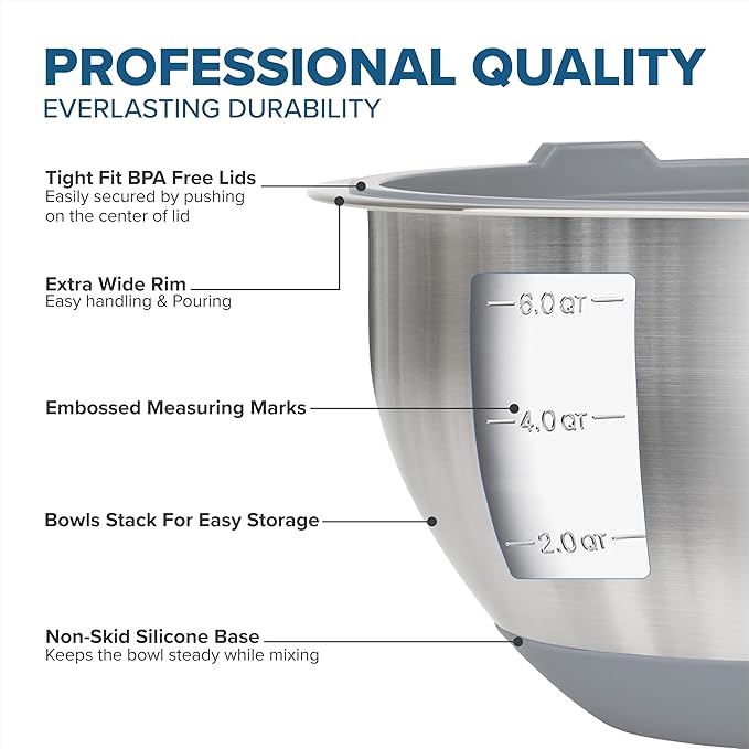 Viking Mixing Bowls Set, 10 Piece Stainless Steel Kitchen Cookware, Non-Slip Silicone Base, Includes Tight Fit Lids, Dishwasher Safe, Grey